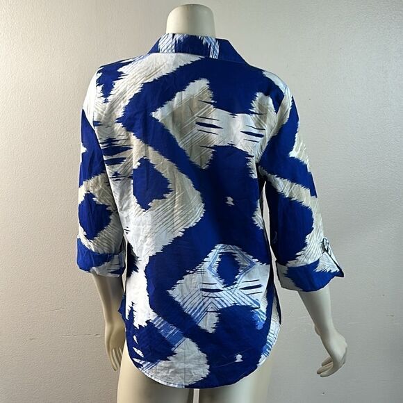 Chico's button down 100% cotton front pockets blue white tan abstract size 0 4 6 - Picture 7 of 8